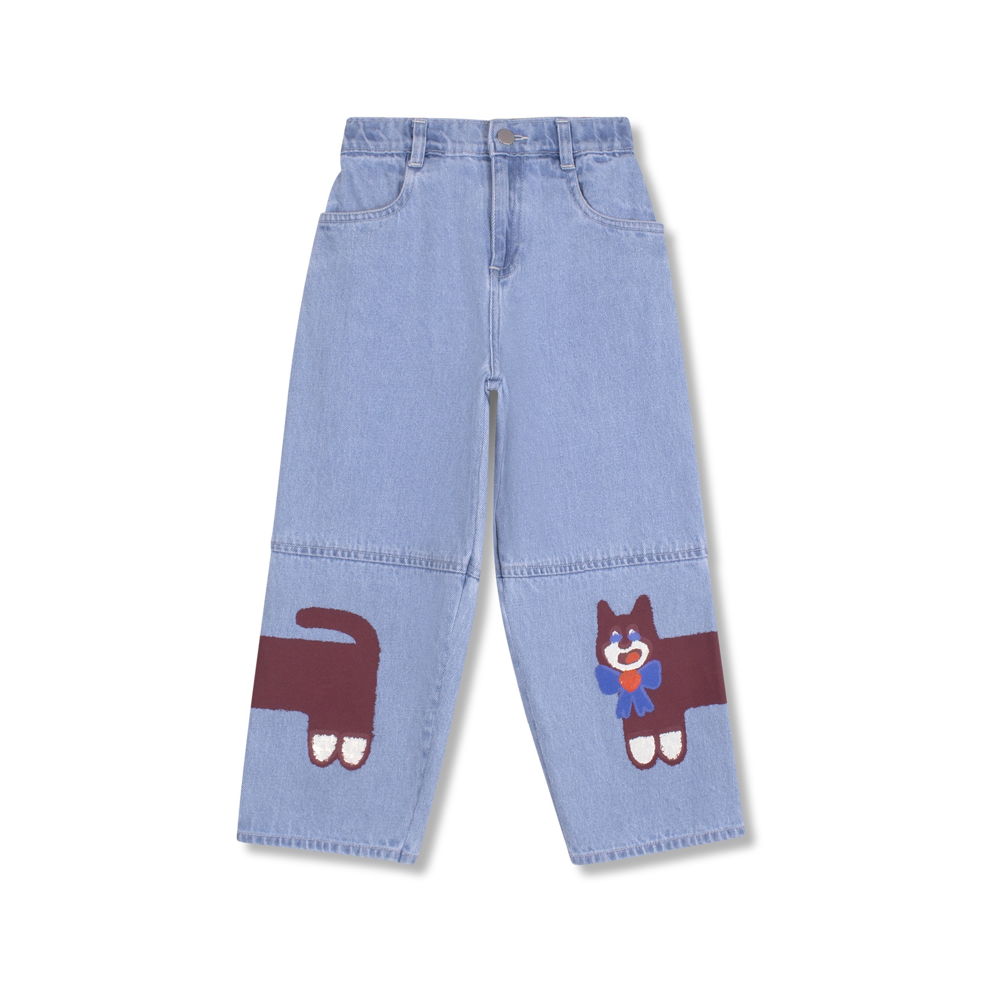 Wynken - feline wrapped jean - mid washed denim / cats - 1