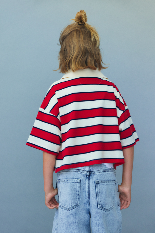 The New Society - Acacia  teen  polo - Tulip red & midnight stripes - 1