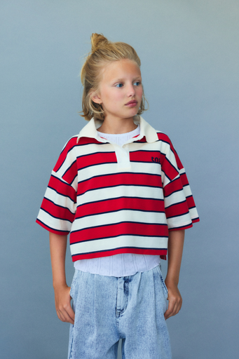 The New Society - Acacia  teen  polo - Tulip red & midnight stripes