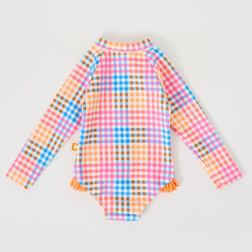 Goldie and Ace - Rainbow gingham long sleeve frill swimsuit