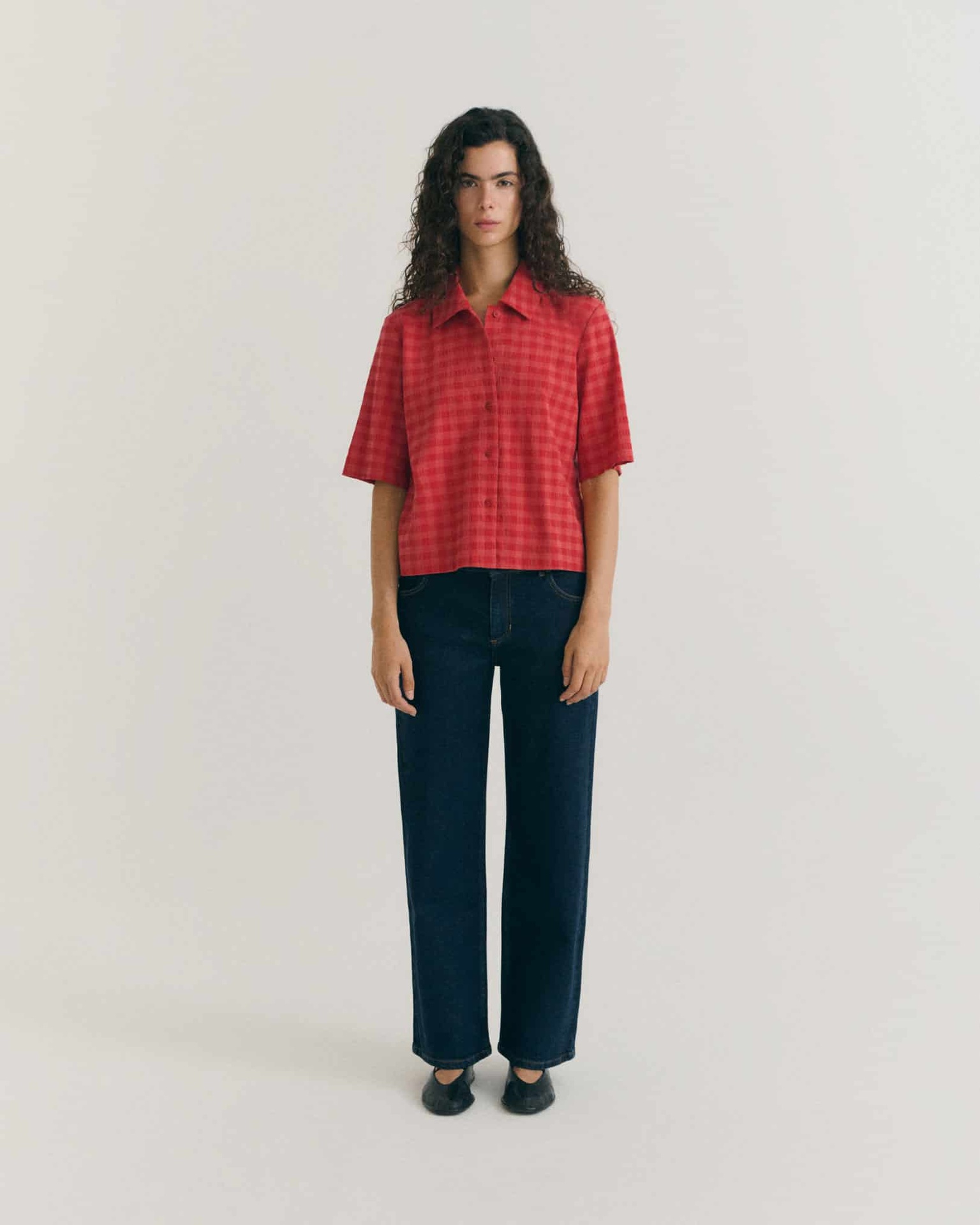 Thinking Mu - Red checks seersucker ane blouse - 2